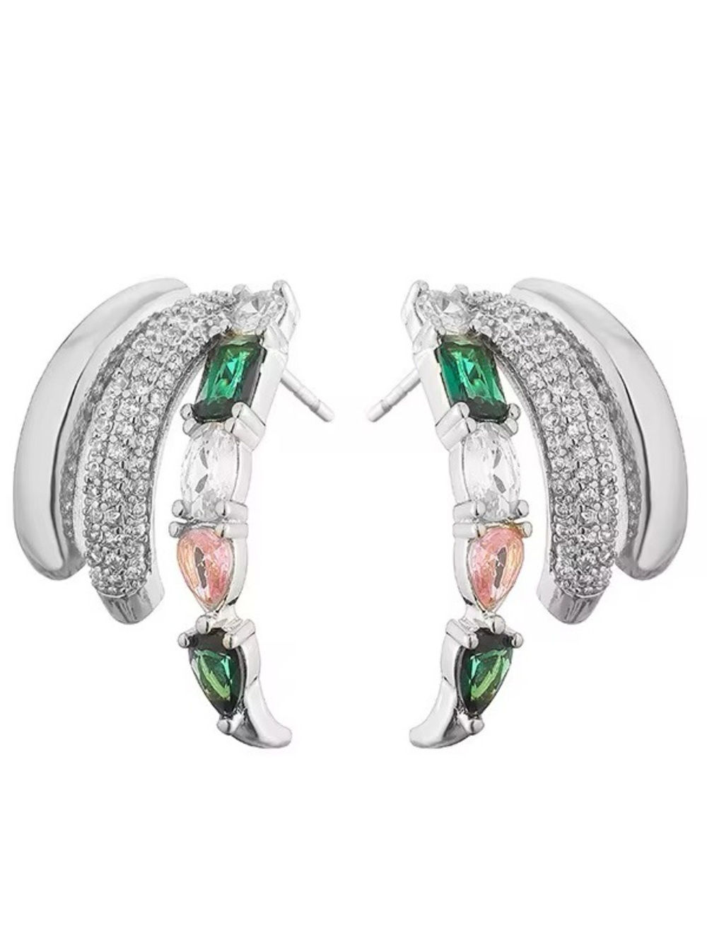 Gold plated Hoop Earrings with Green and Pink Crystal Accents